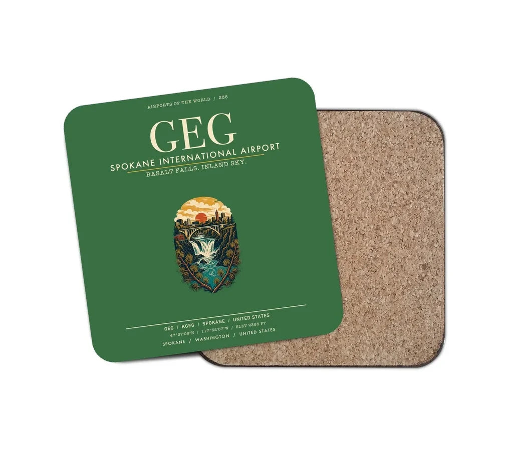 Spokane International Airport (GEG) design on green 1 piece coaster