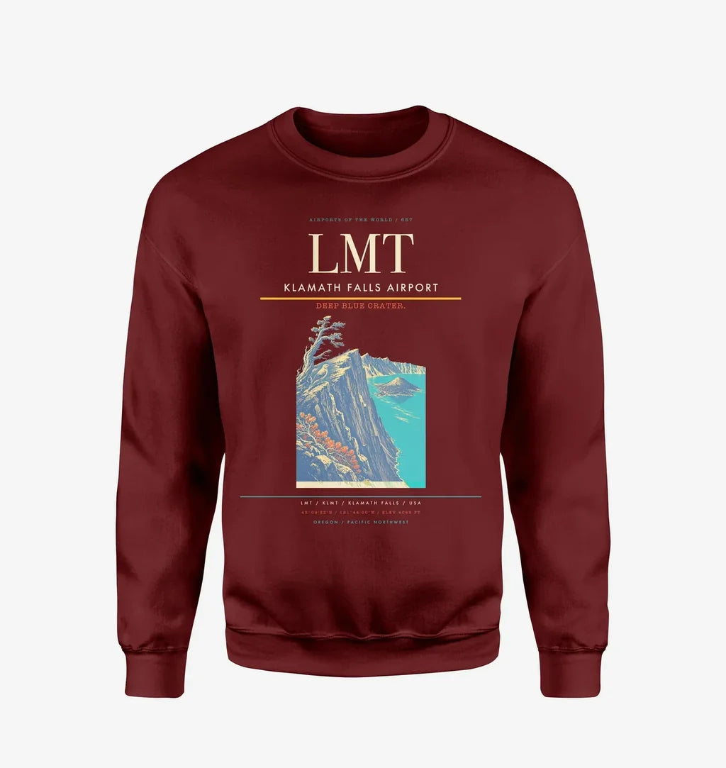 Klamath Falls Airport (LMT) design on wine red sweatshirt