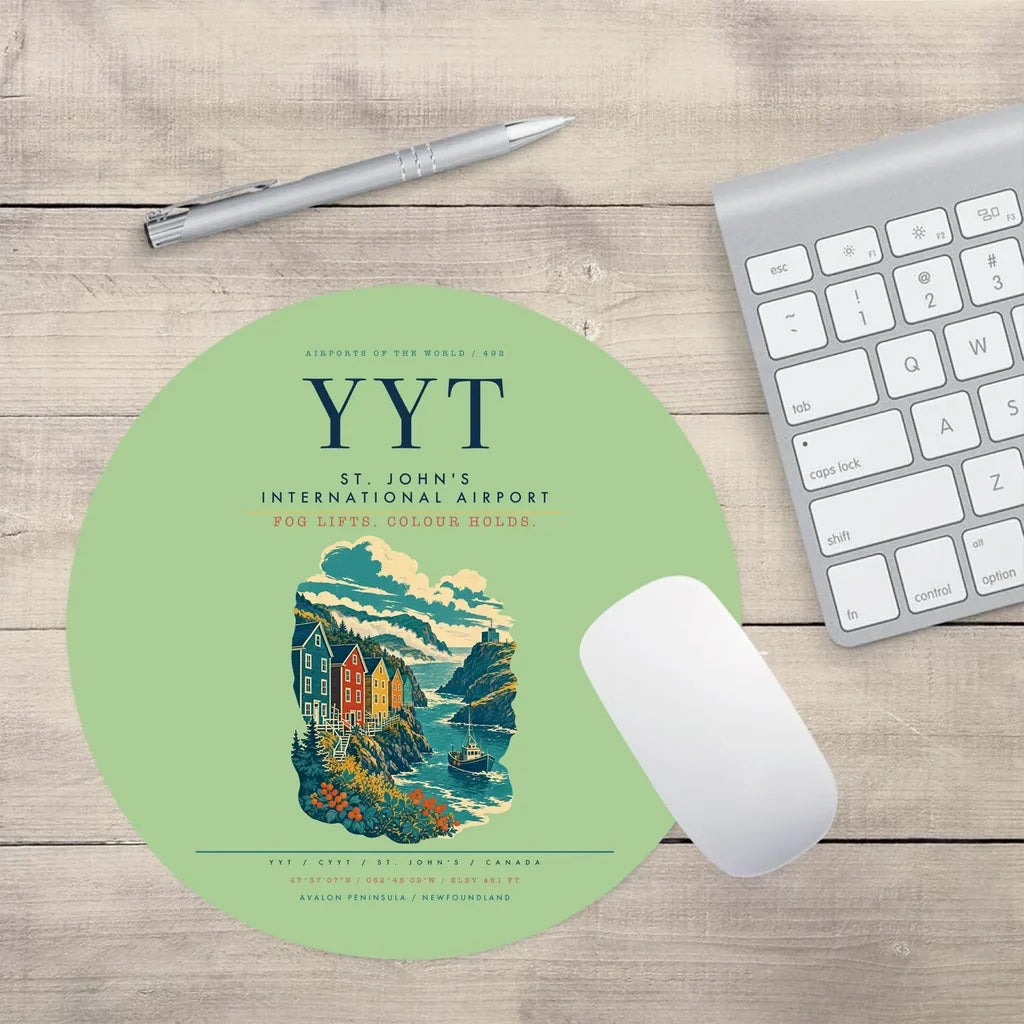 St. John's International Airport (YYT) design on light green round mouse pad