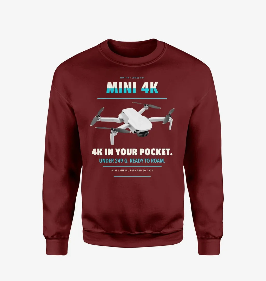 DJI Mini 4K design on wine red sweatshirt