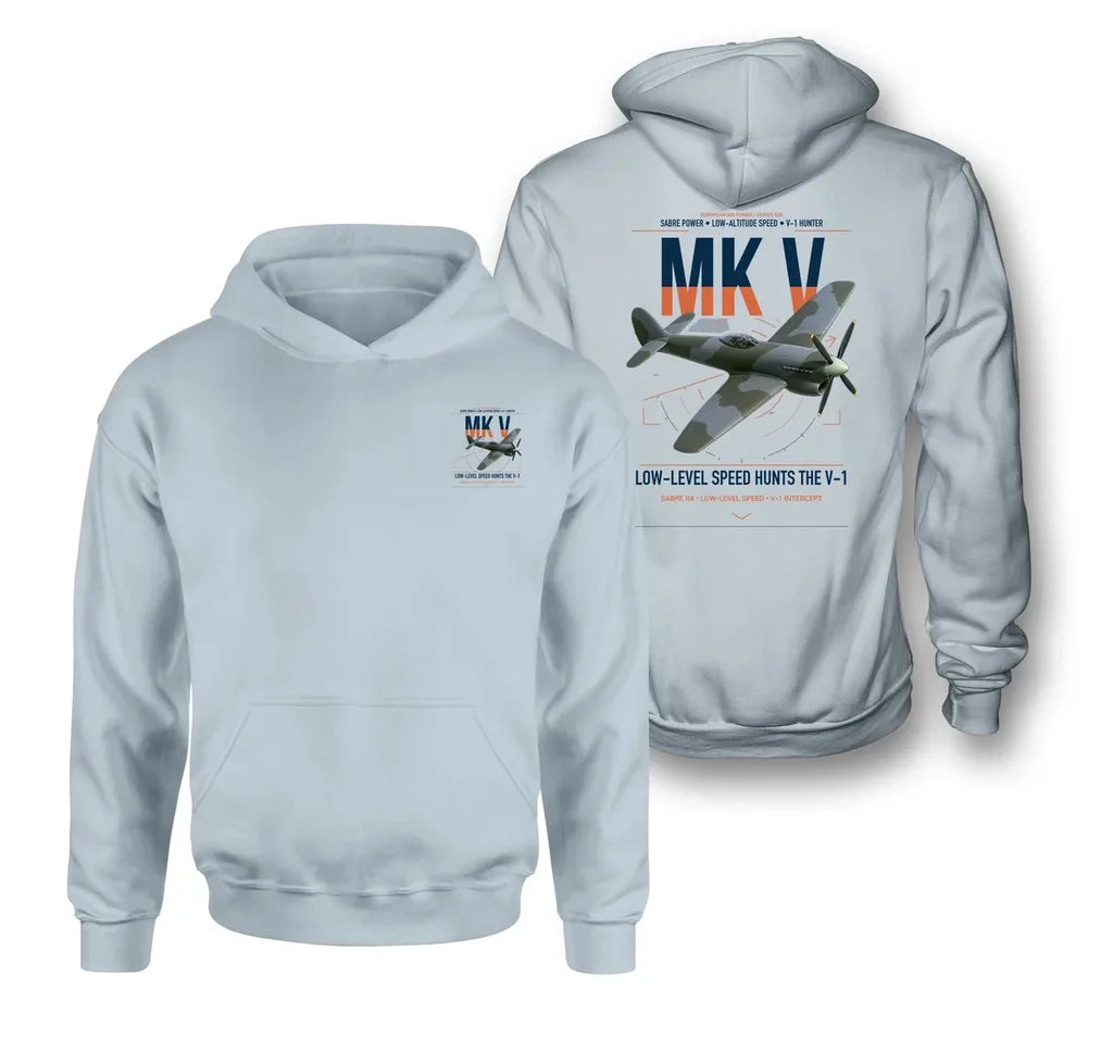 Hawker Tempest Mk V design on light blue double-side hoodie, double-side print