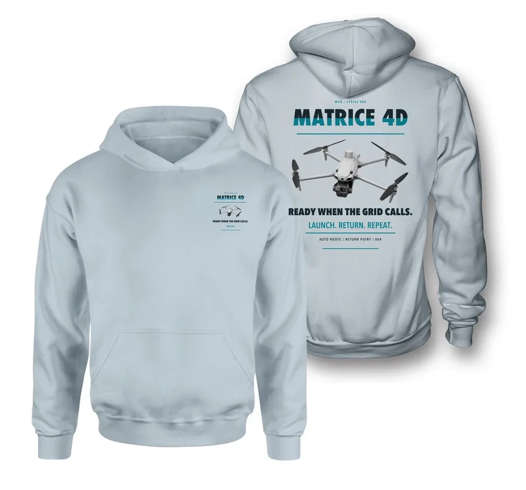 DJI Matrice 4D design on light blue hoodie