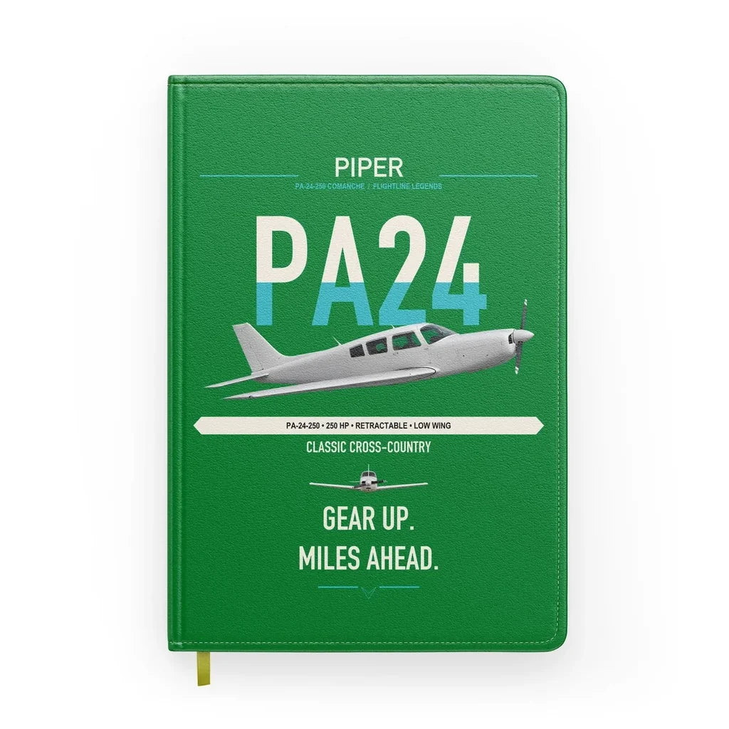 Piper PA-24-250 Comanche 250 design on green notebook