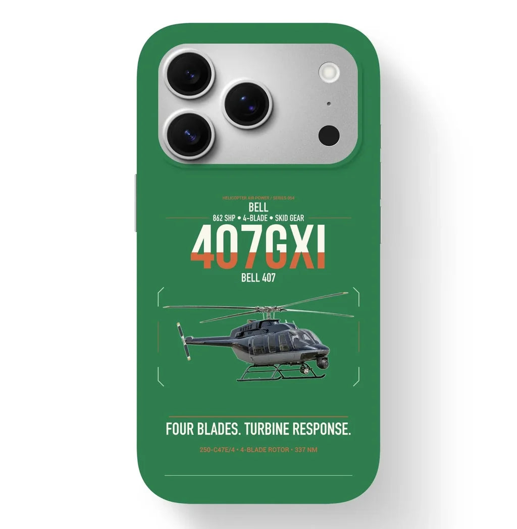 Bell 407GXi design on green magsafe iphone case, for iPhone 17 Pro