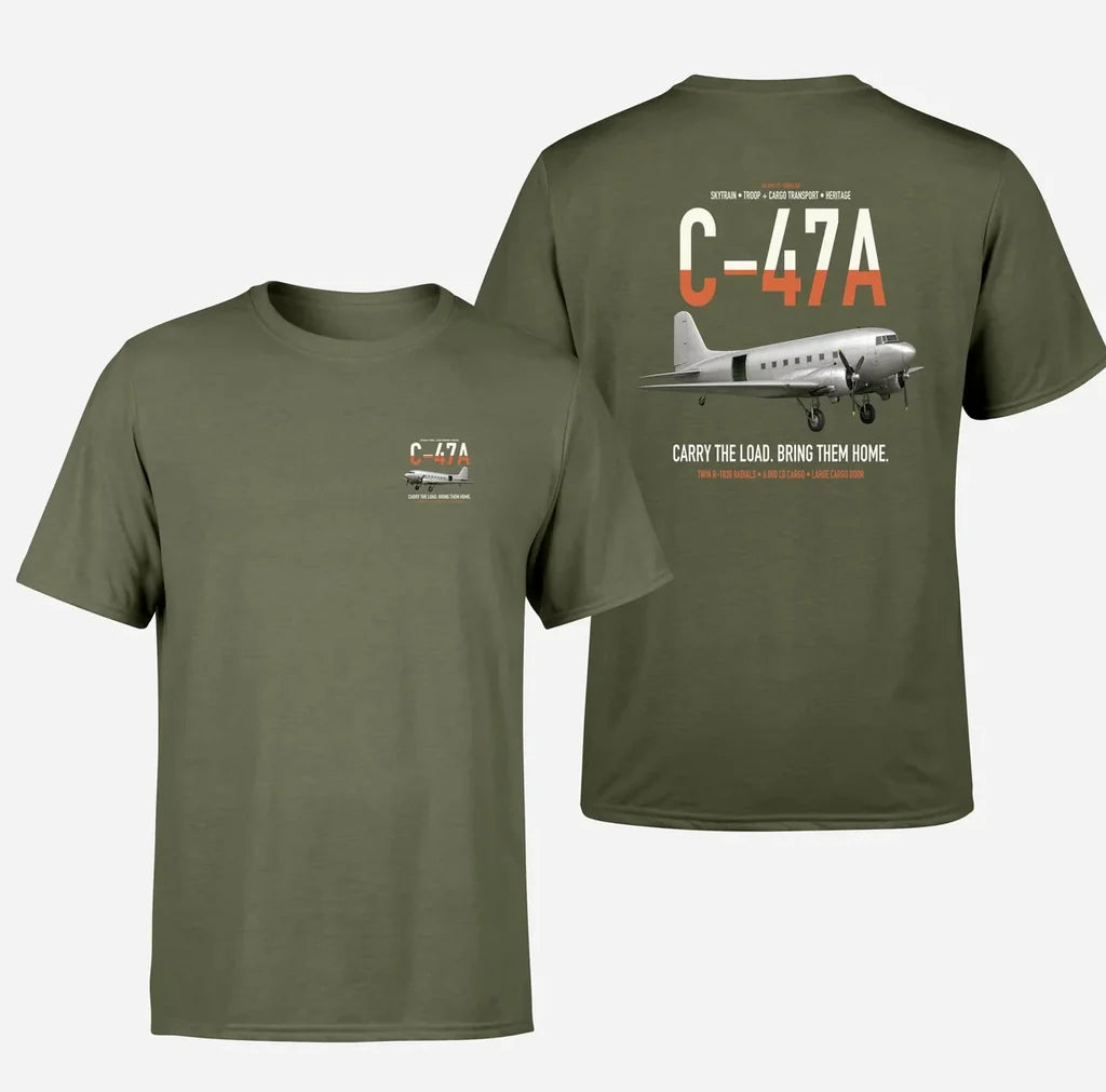 C-47A Skytrain design on green army double-side t-shirt, double-side print