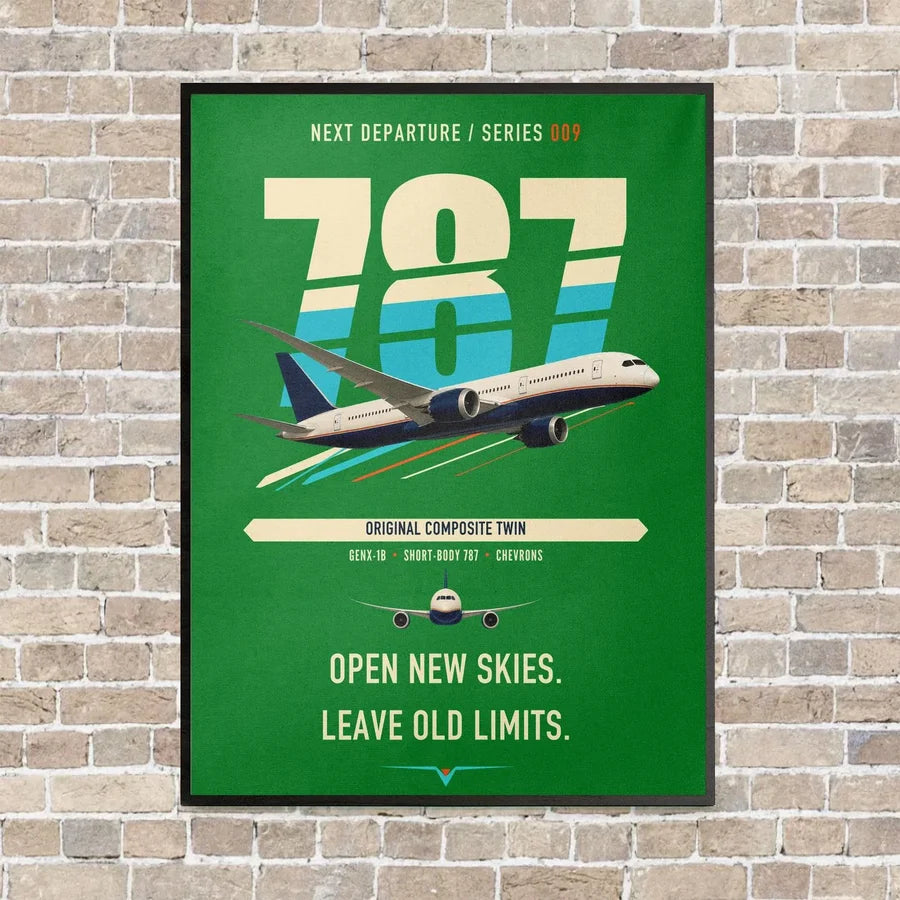 Boeing 787-8 Dreamliner vertical canvas print - framed - green background