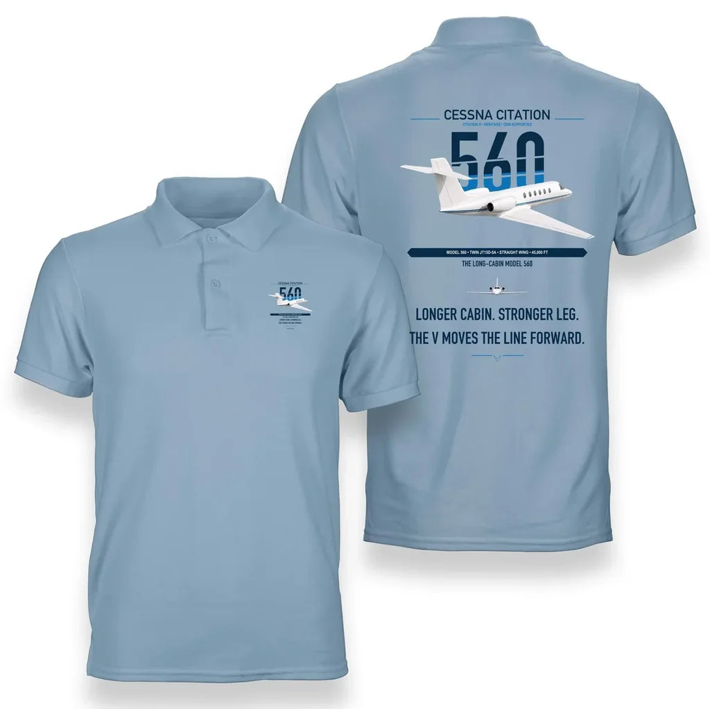Cessna Citation 560 - Citation V design on light blue double-side polo t-shirt, double-side print