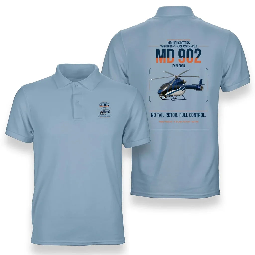 MD Helicopters MD 902 Explorer design on light blue double-side polo t-shirt, double-side print