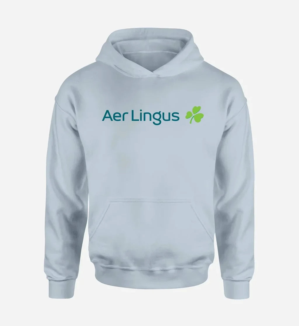 Aer Lingus Airlines logo printed on light blue hoodie