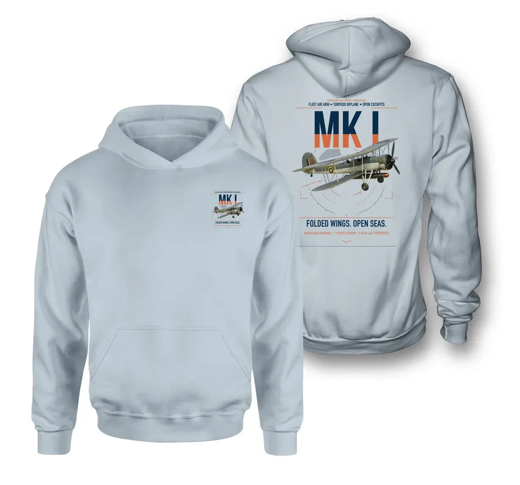 Fairey Swordfish Mk I design on light blue double-side hoodie, double-side print