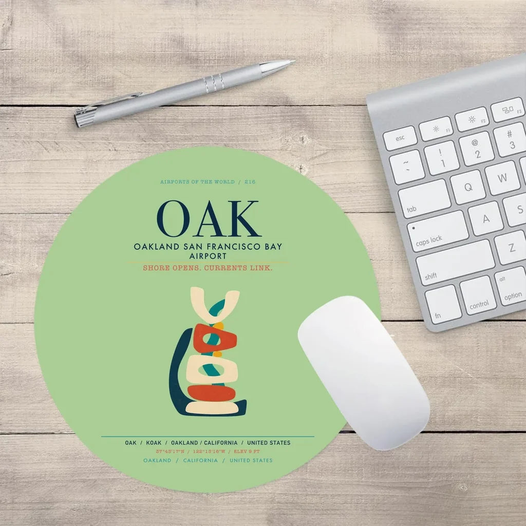 Oakland San Francisco Bay Airport (OAK) design on light green round mouse pad