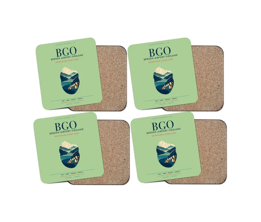 Bergen Airport Flesland (BGO) design on light green 4 pieces set coaster