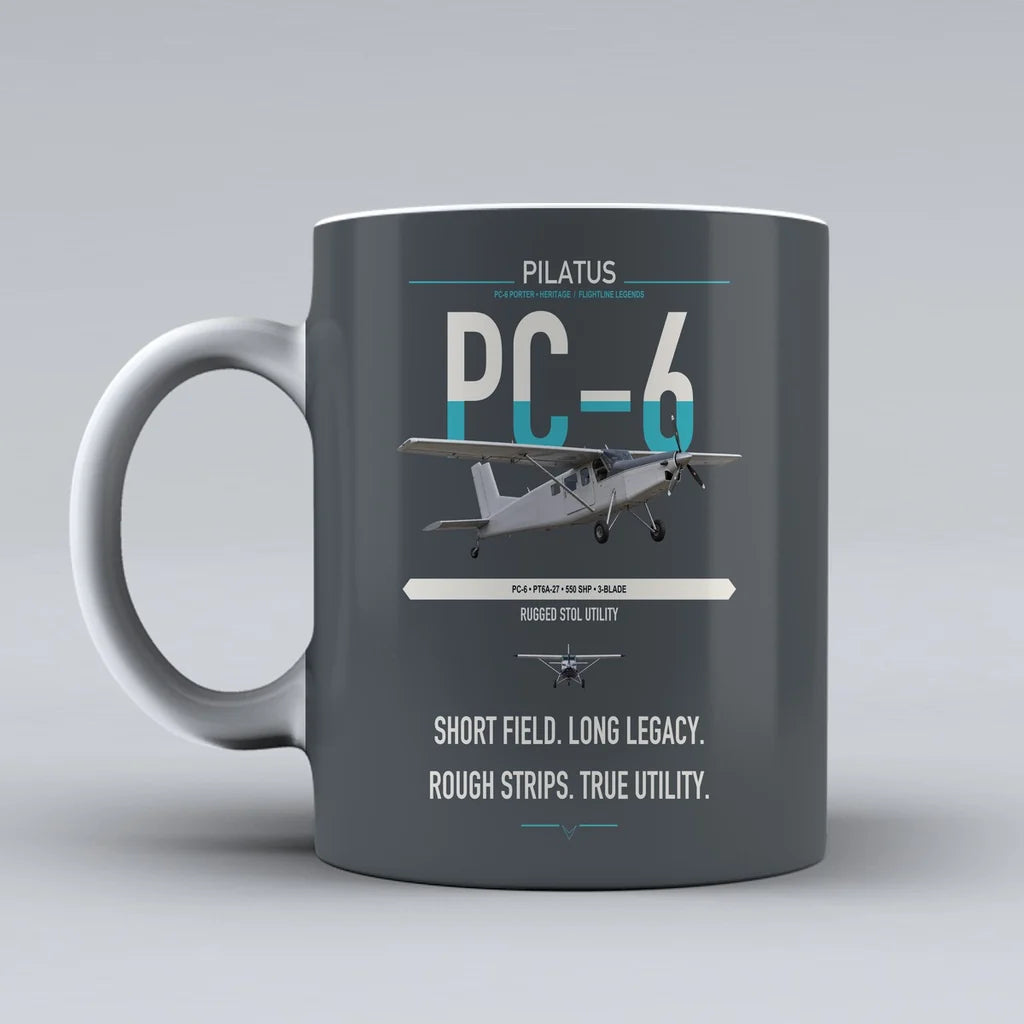 Pilatus PC-6 Porter design on gray ceramic mug, double-side print