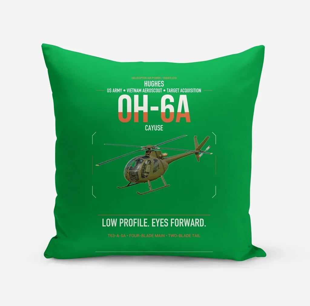 Hughes OH-6A Cayuse design on green pillow