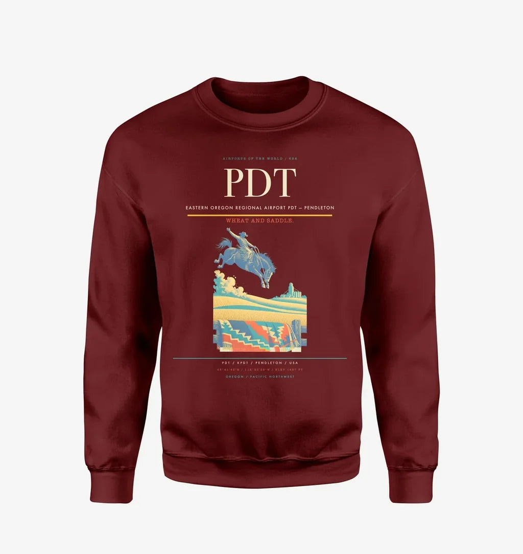 Eastern Oregon Regional Airport (PDT) design on wine red sweatshirt