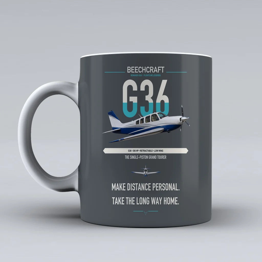 Beechcraft Bonanza G36 design on gray ceramic mug, double-side print