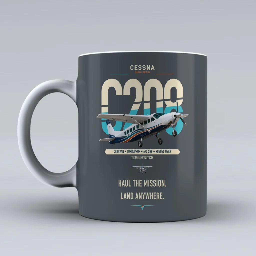 Cessna 208 Caravan design on gray ceramic mug, double-side print