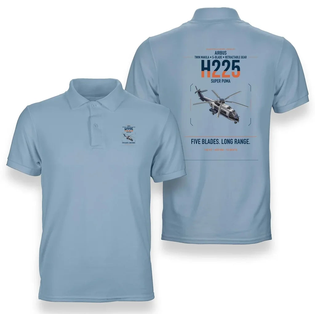Airbus H225 design on light blue double-side polo t-shirt, double-side print