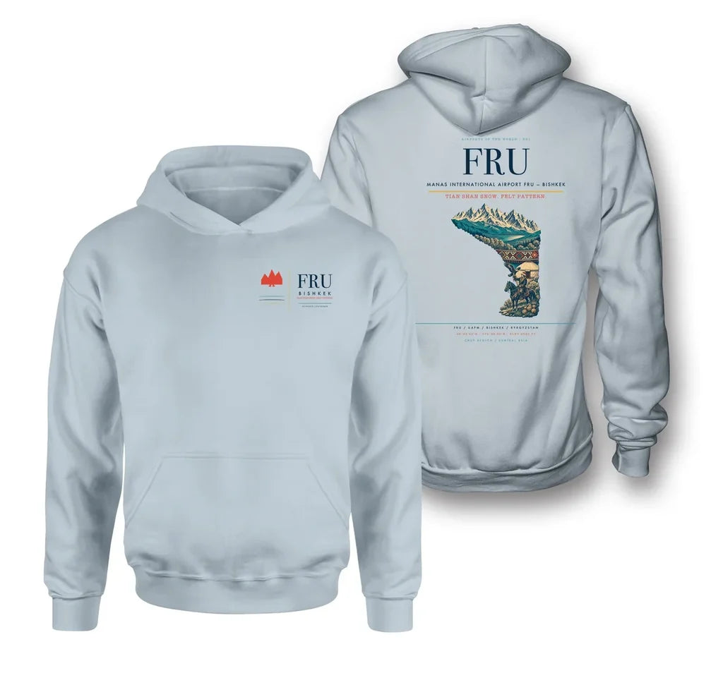 Manas International Airport (FRU) design on light blue double-side hoodie