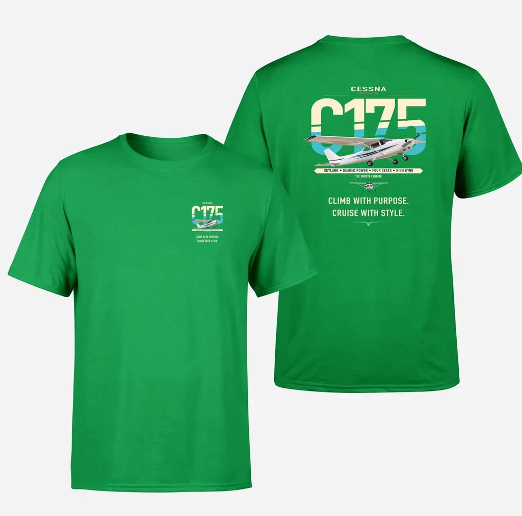 Cessna 175 Skylark design on green t-shirt, double-side print