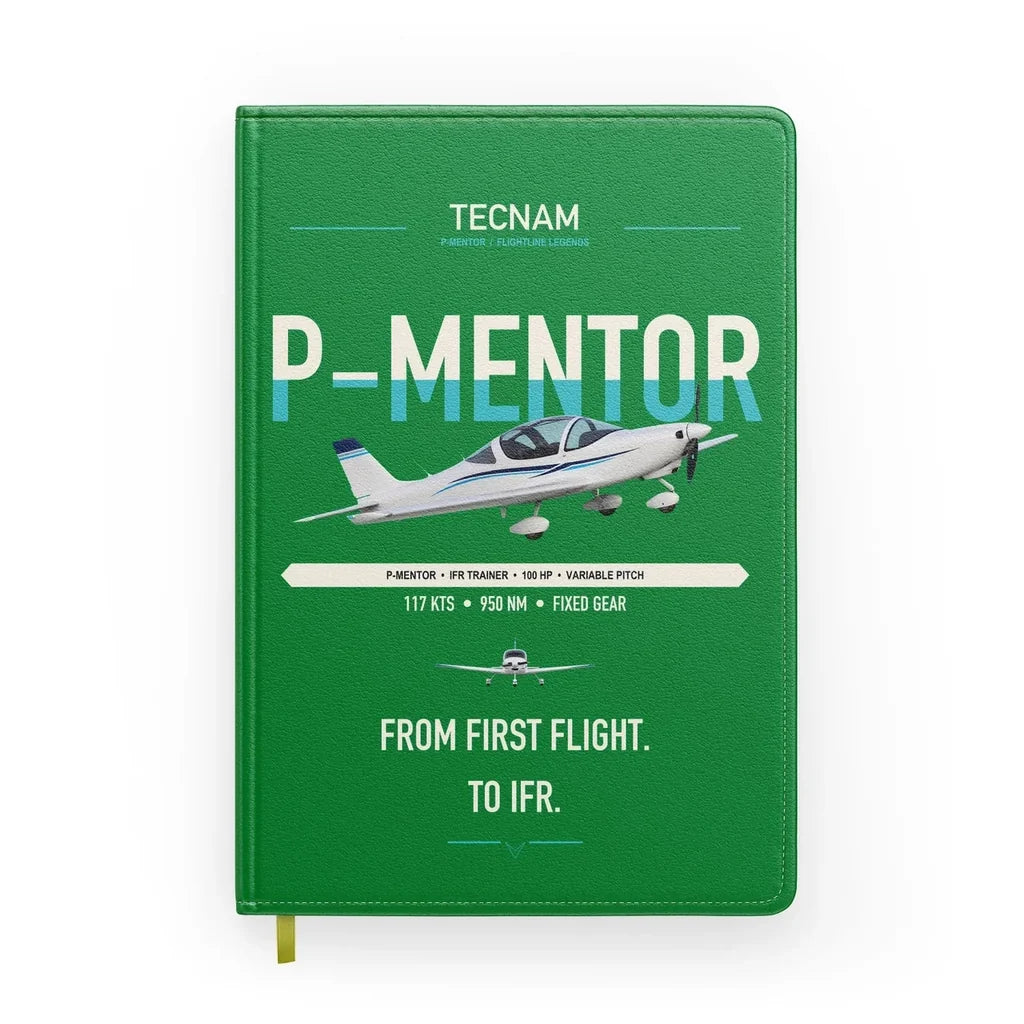 Tecnam P-Mentor design on green notebook