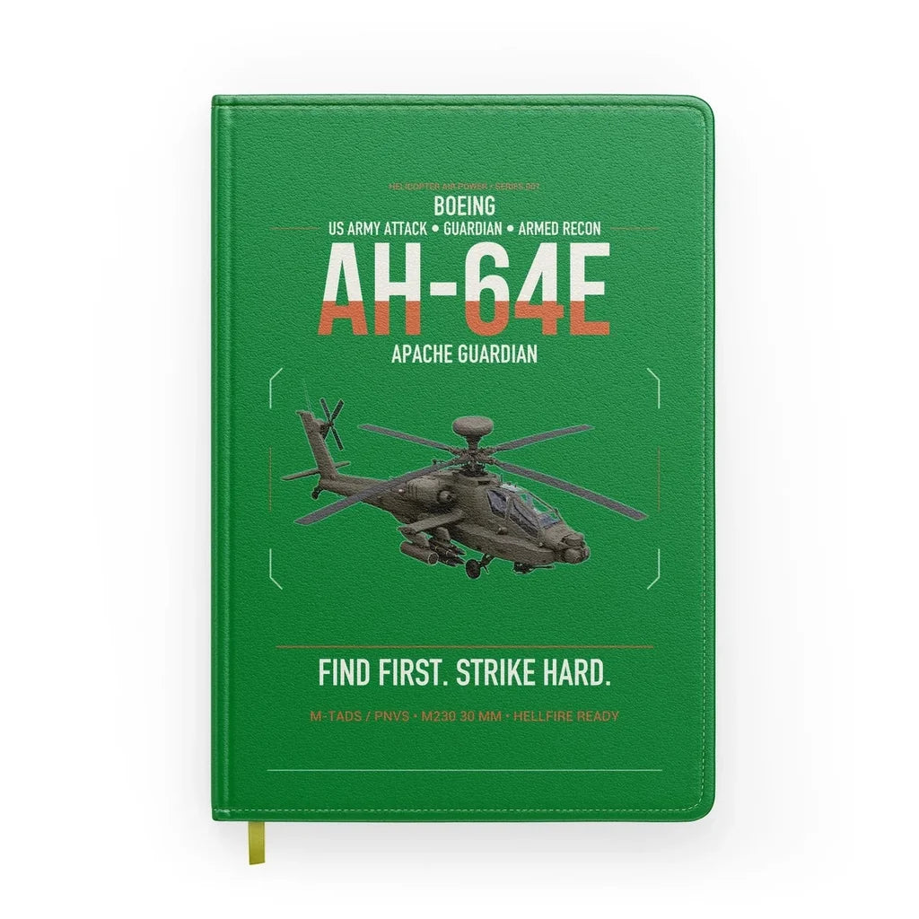 Boeing AH-64E Apache Guardian design on green notebook