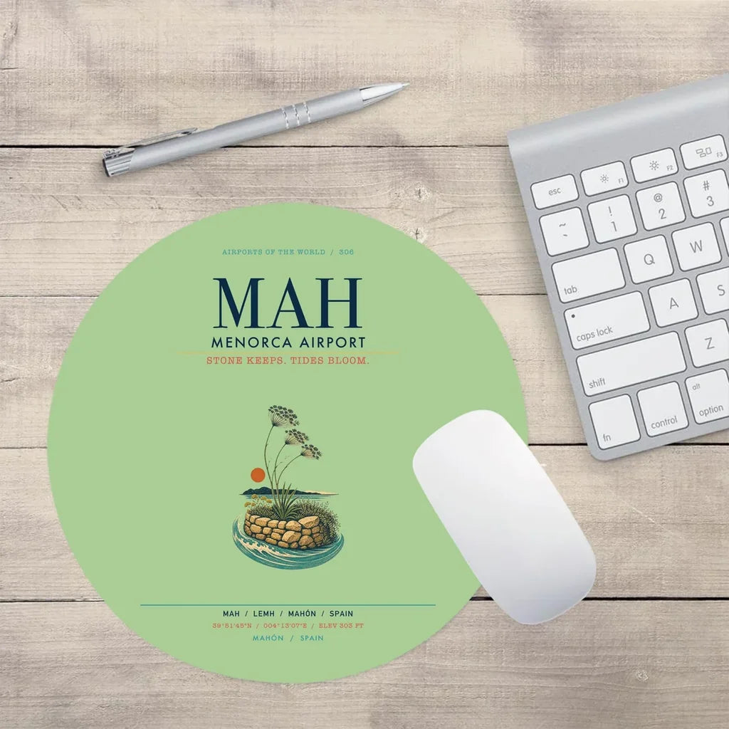 Menorca Airport (MAH) design on light green round mouse pad