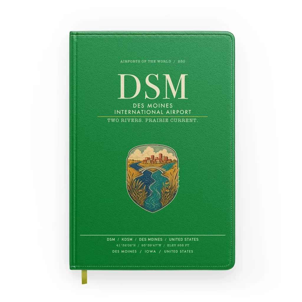 Des Moines International Airport (DSM) design on green notebook