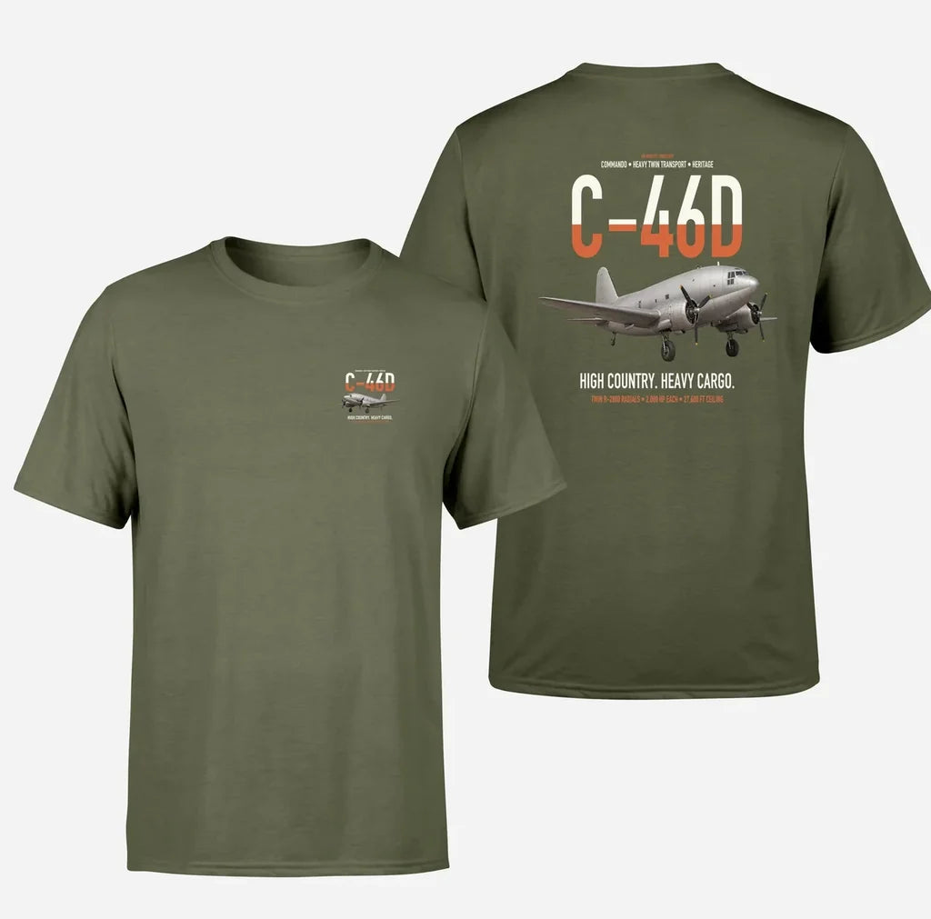 C-46D Commando design on green army double-side t-shirt, double-side print