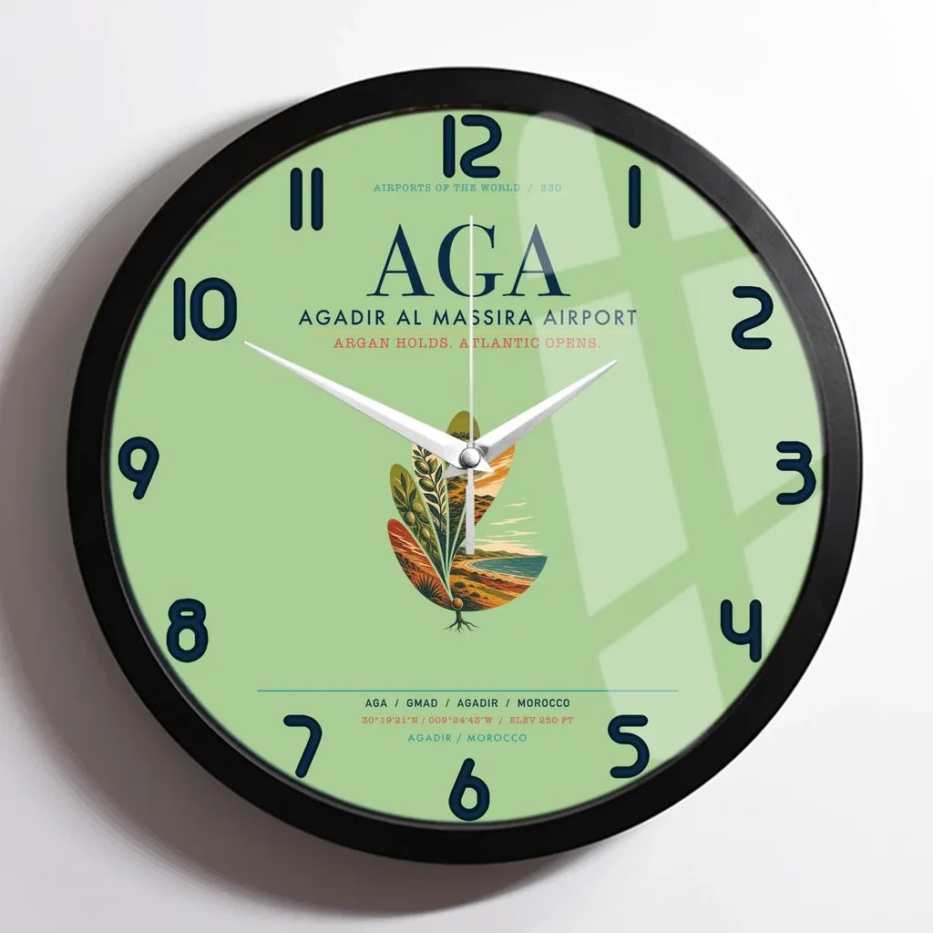 Agadir Al Massira Airport (AGA) design on light green framed wall clock