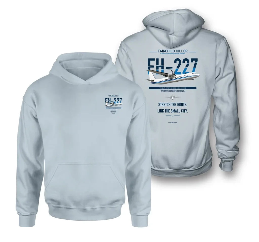 Fairchild Hiller FH-227B design on light blue hoodie
