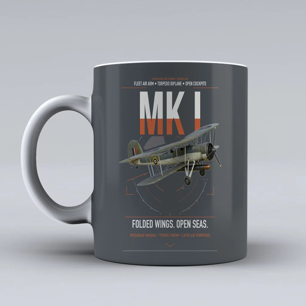 Fairey Swordfish Mk I design on gray ceramic mug, double-side print