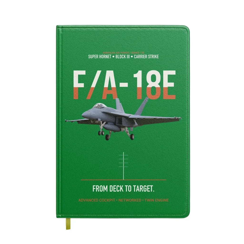 F-A-18E Super Hornet Block III From Deck To Target design on green notebook