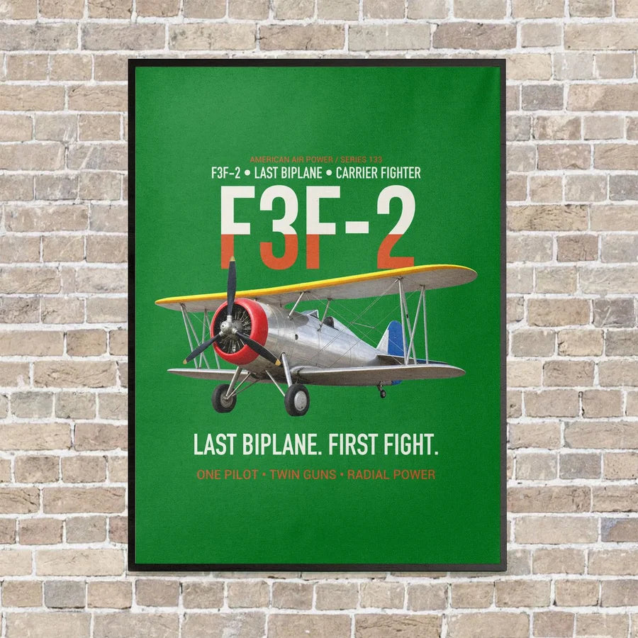 F3F-2 Last Biplane First Fight vertical canvas print - framed - green background