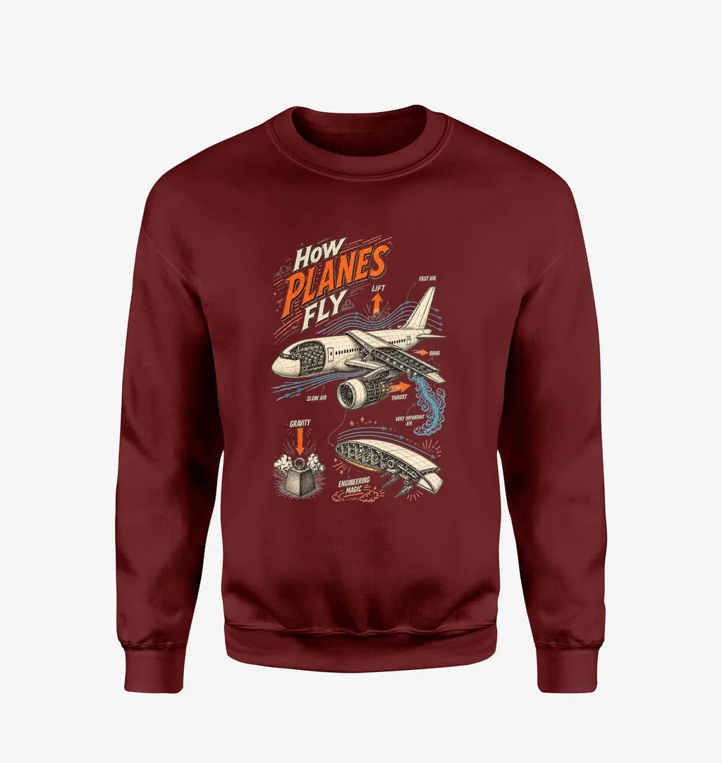 How Planes Fly V2 design on wine red sweatshirt
