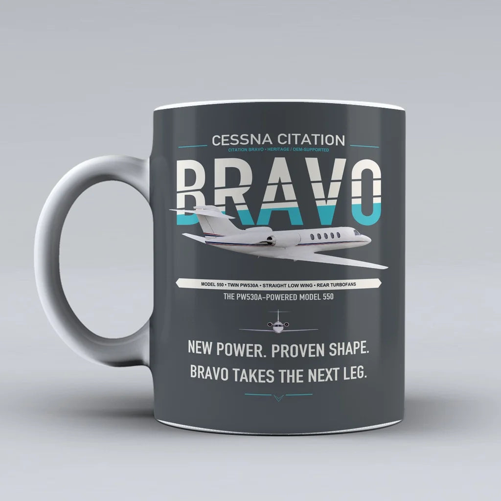 Cessna Citation Bravo design on gray ceramic mug, double-side print