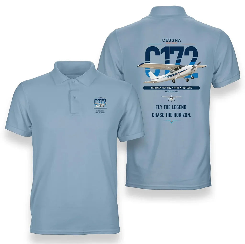 Cessna 172 Skyhawk design on light blue double-side polo t-shirt, double-side print