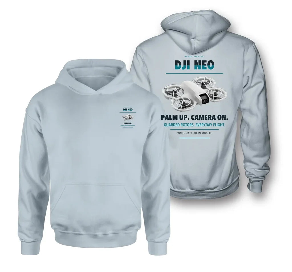 DJI Neo design on light blue hoodie