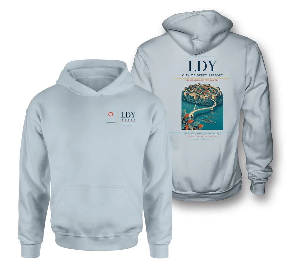 City of Derry Airport (LDY) design on light blue double-side hoodie