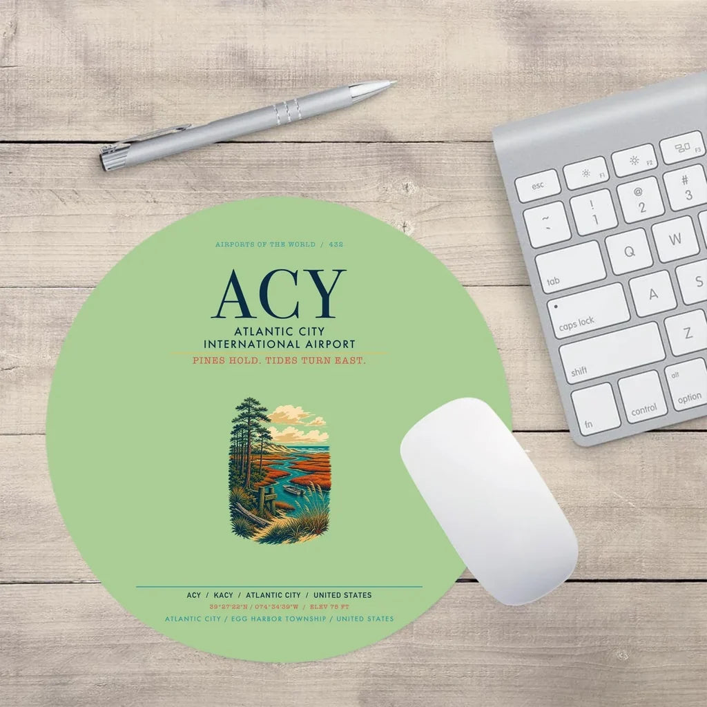 Atlantic City International Airport (ACY) design on light green round mouse pad