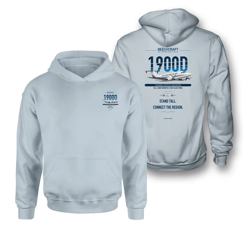 Beechcraft 1900D design on light blue hoodie