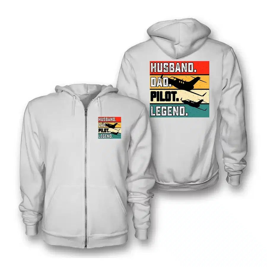 Husband & Dad & Pilot & Legend Zipped Hoodie - White