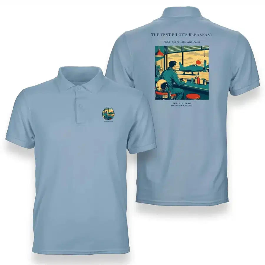 VINTAGE G4457 - The Test Pilot's Breakfast - Double-Side Polo T-Shirt design on lightblue
