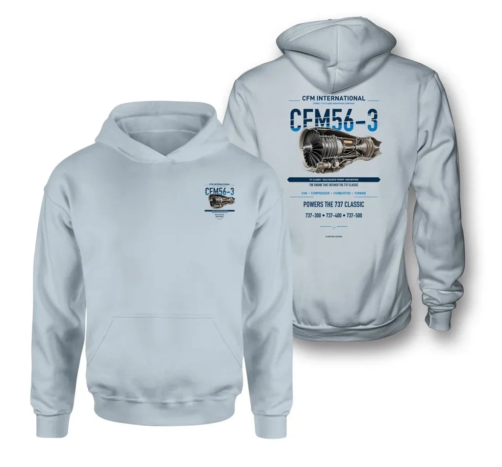 CFM56-3 design on light blue hoodie