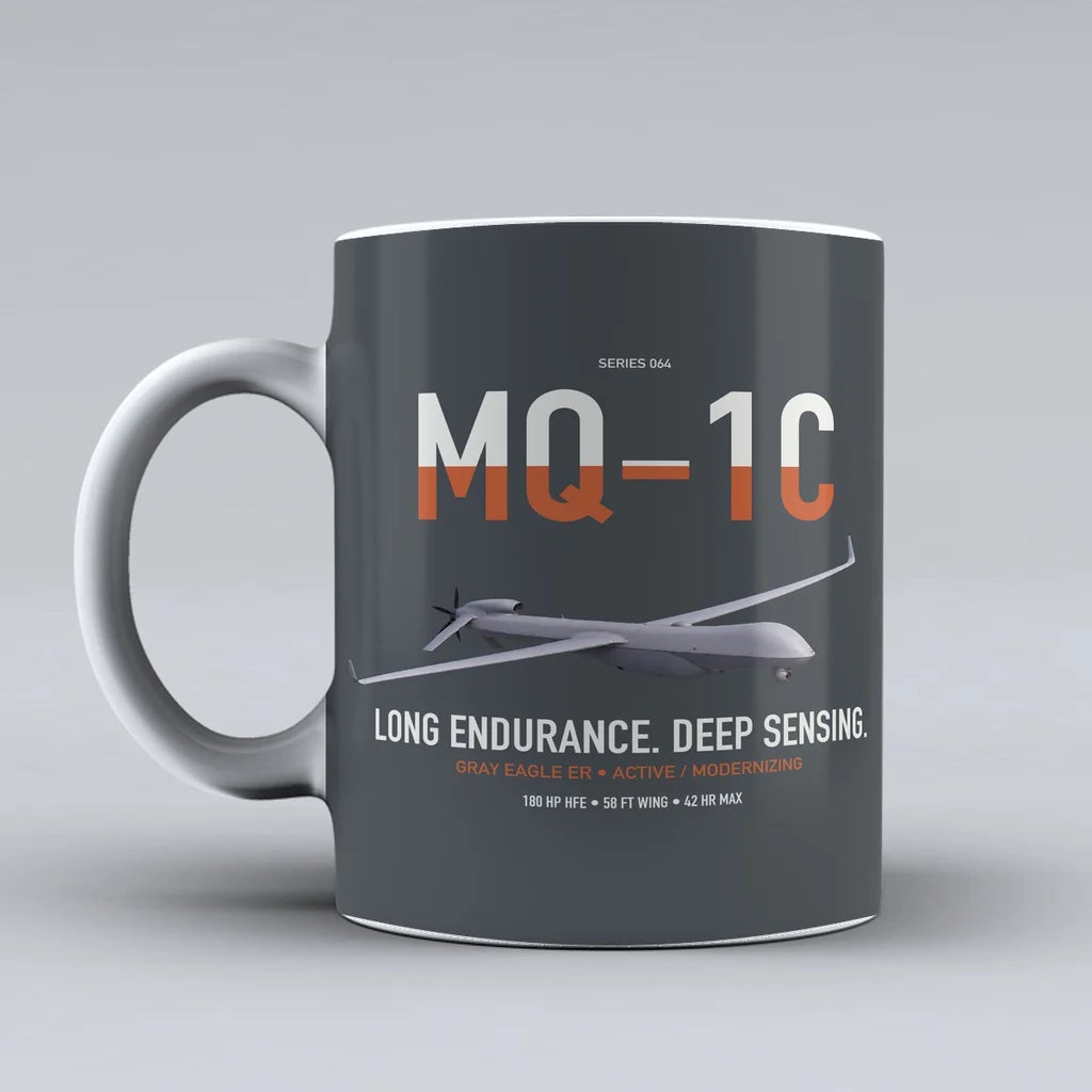 MQ-1C Gray Eagle ER design on gray ceramic mug, double-side print