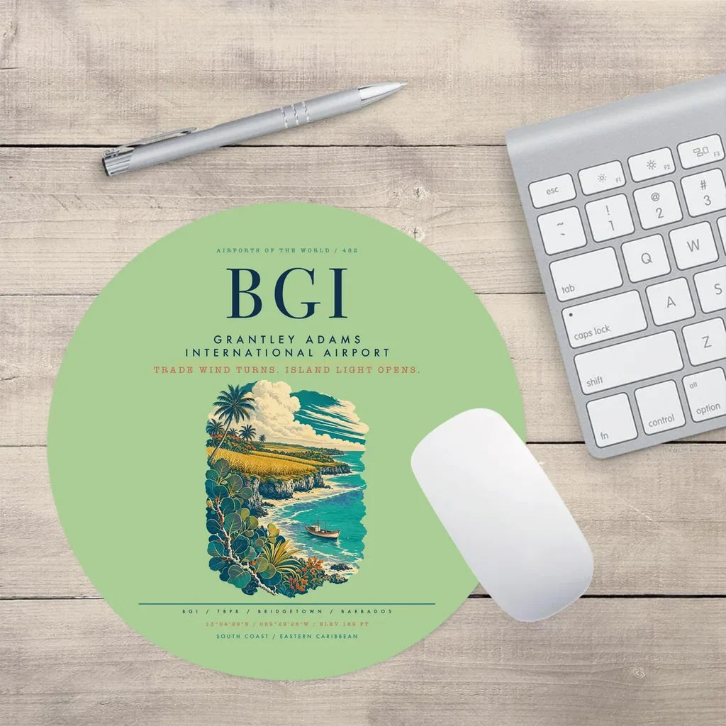 Grantley Adams International Airport (BGI) design on light green round mouse pad
