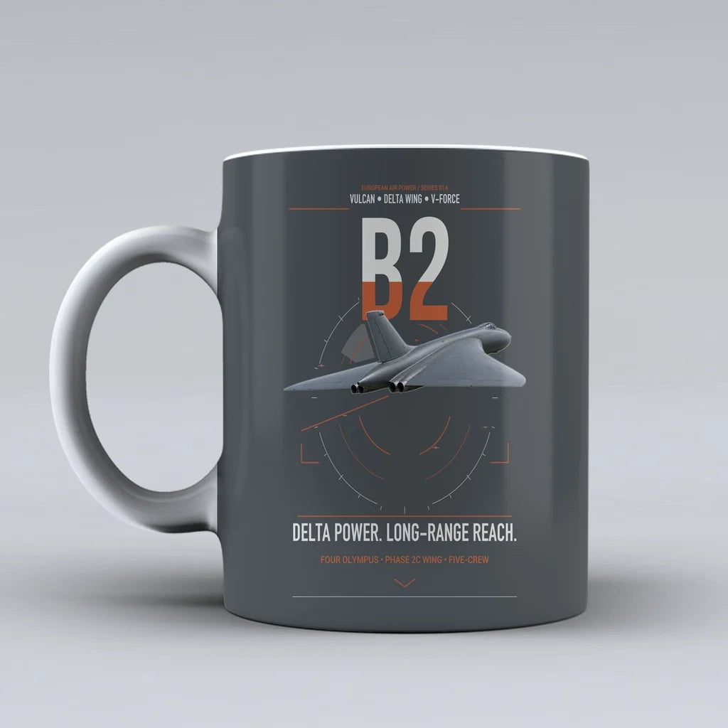 Avro Vulcan B2 design on gray ceramic mug, double-side print
