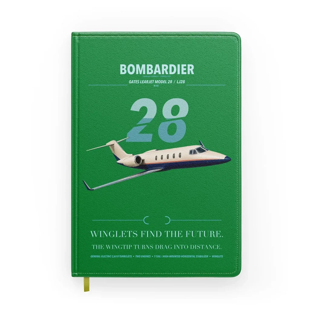 Bombardier Learjet 28 design on green notebook