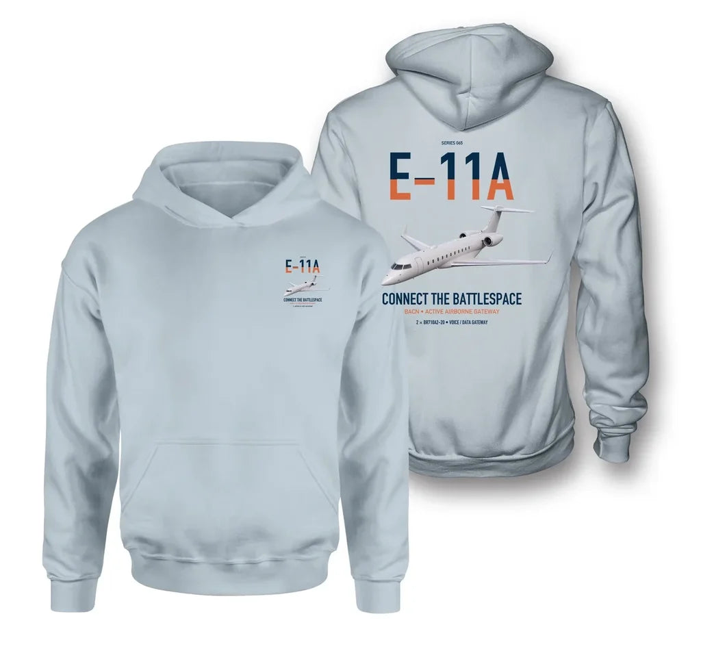 E-11A BACN design on light blue double-side hoodie, double-side print