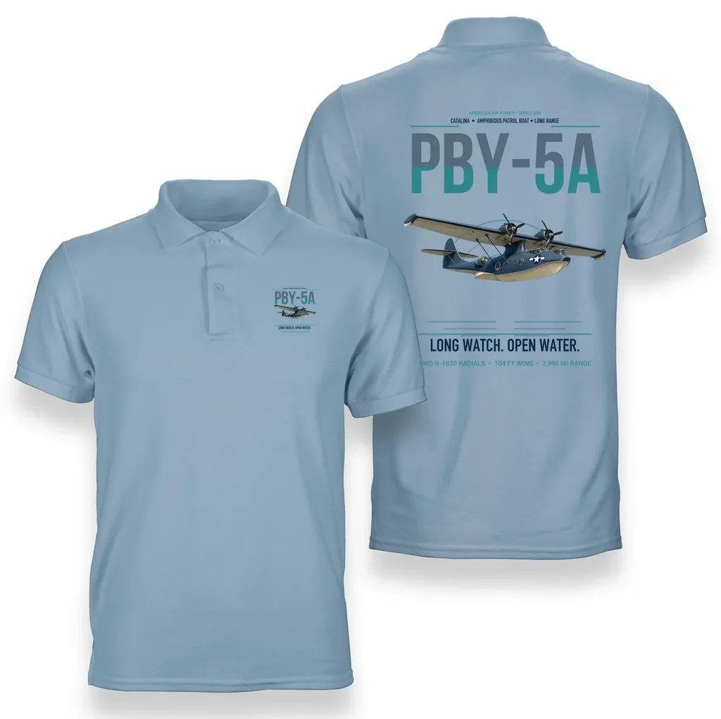 PBY-5A Catalina design on light blue double-side polo t-shirt, double-side print